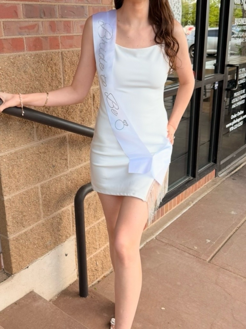 Selfie Leslie White Spaghetti Strap Mini Dress with Beaded Fringe